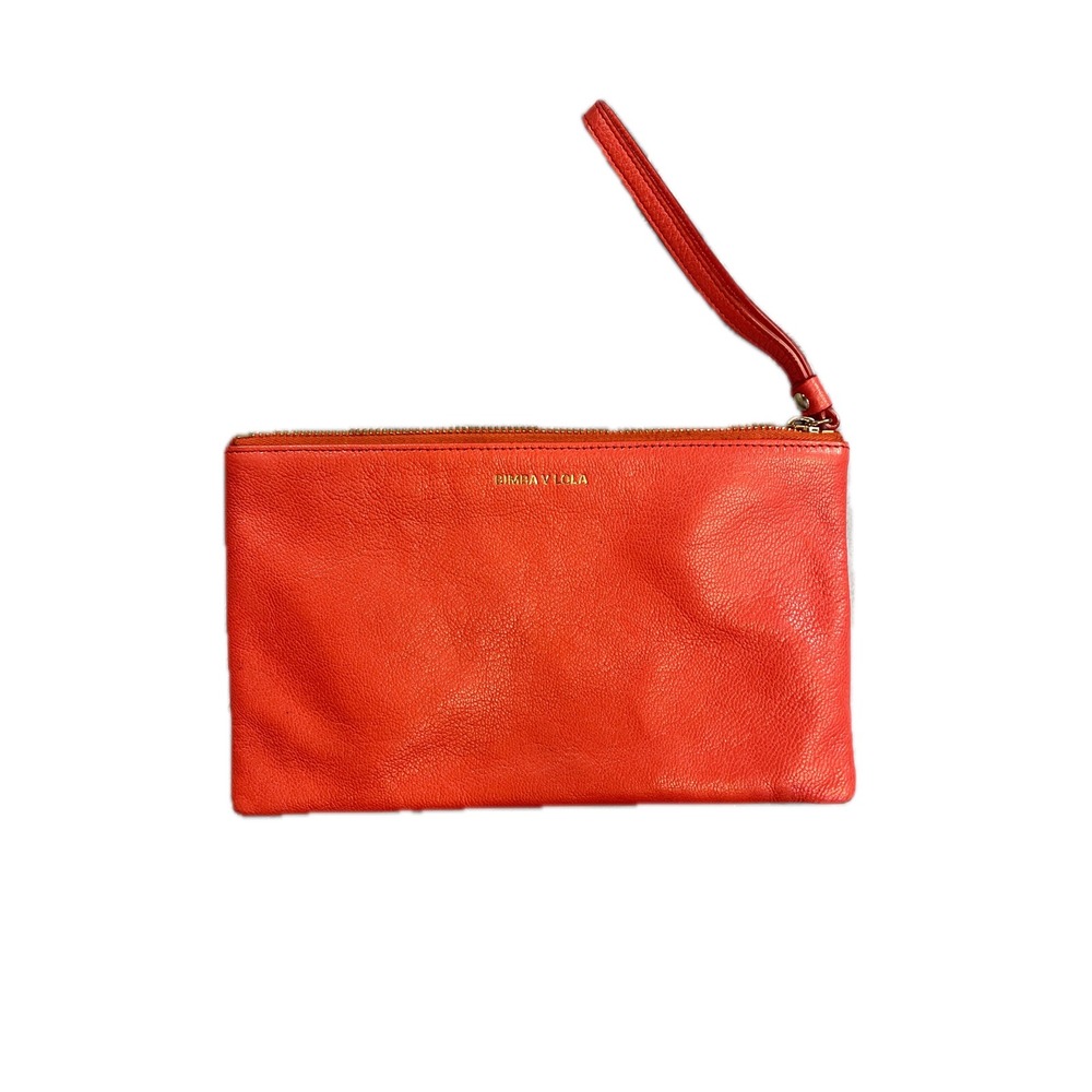 BIMBA Y LOLA Orange Leather Wristlet Clutch Wallet‎ Gold Logo